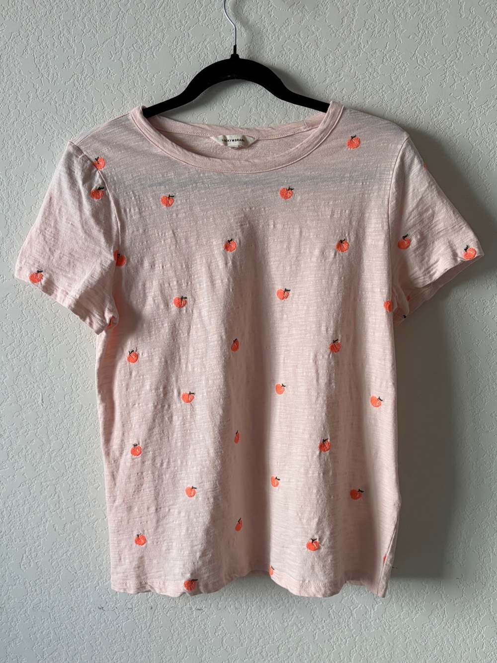 LUCKY BRAND PINK SLUB KNIT EMBROIDERED PEACH FRUIT CREWNECK TEE WOMENS MEDIUM
